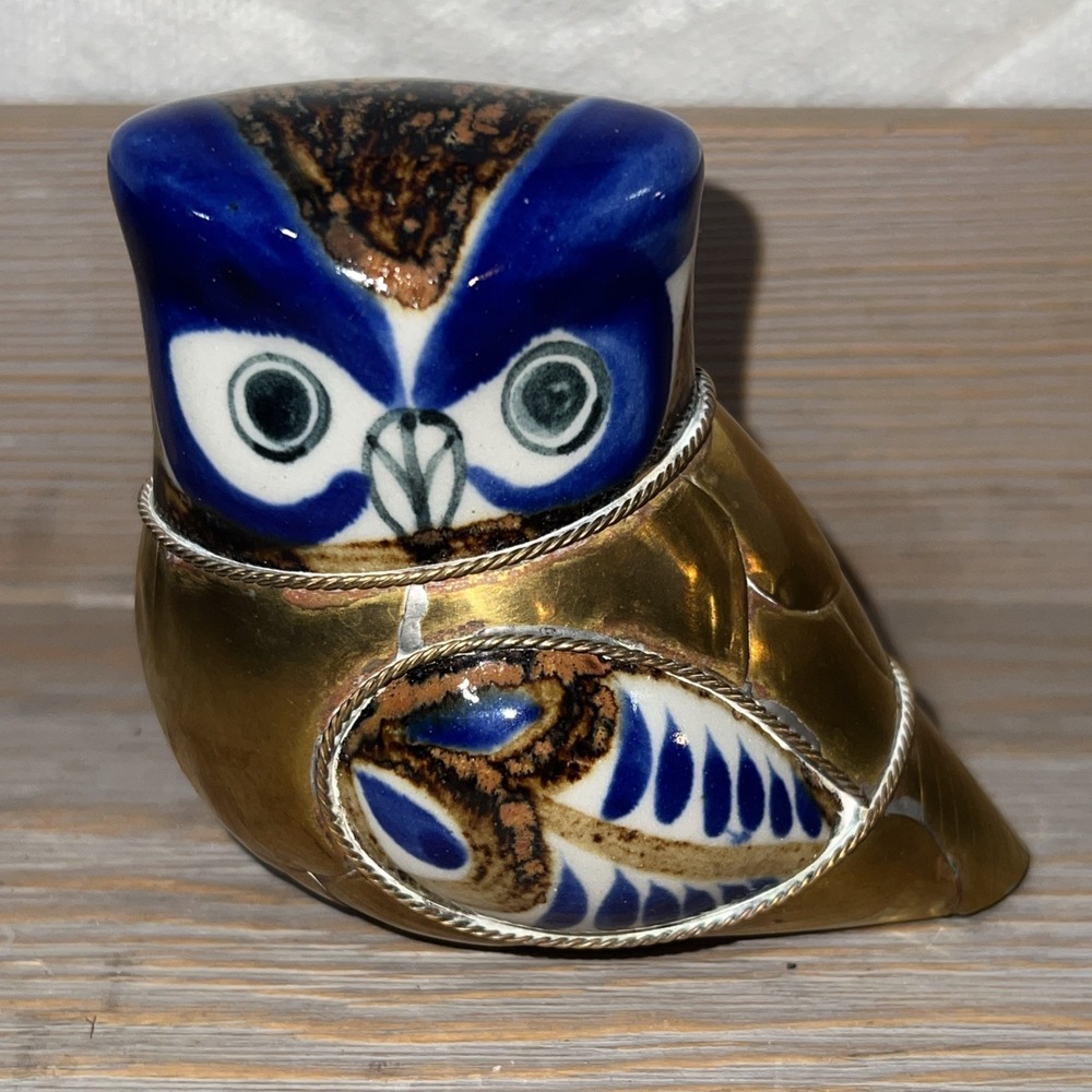 Vintage‎ Tonala Owl Brass Mexican Bird Folk Art Armored Hand Painted Ceramic #BB